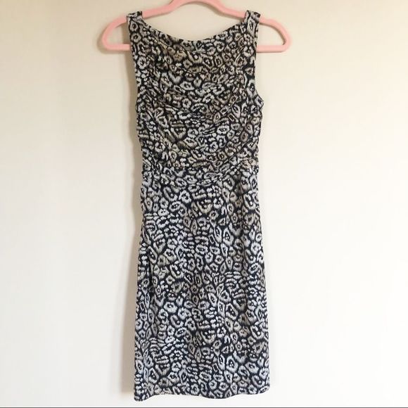 Ann Taylor Black Cream Animal Print Tank Dress Ruched Top Sleeveless Size 2 - Picture 2 of 7